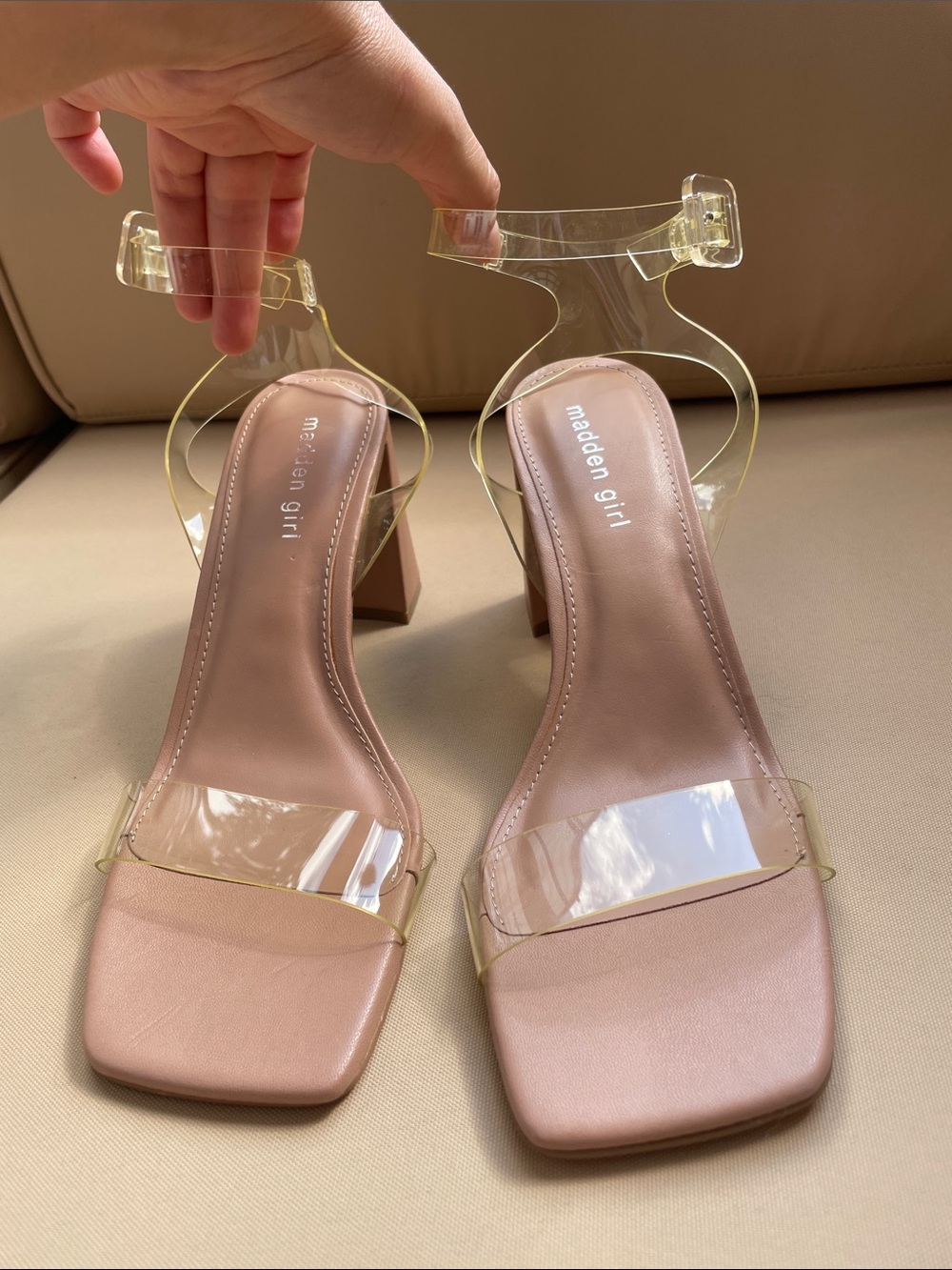 Madden Girl Blush Nude Block Heels with Clear Straps